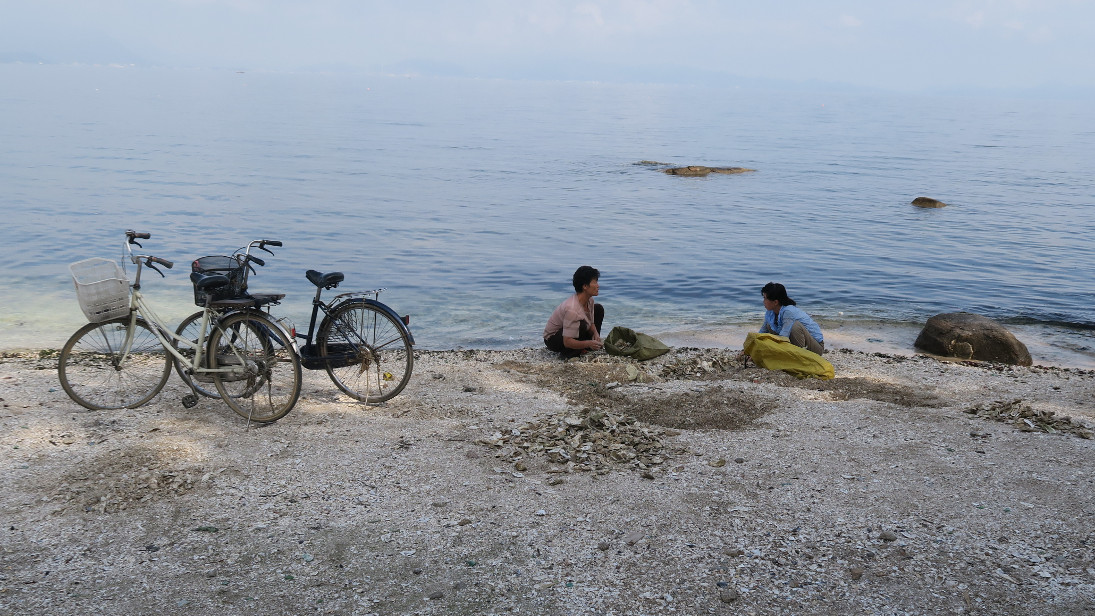 Mujeres mariscando y sus bicicletas.